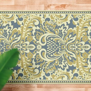 Oriental Yellow Exotic Sky Vinyl Rug, Yellow Vinyl Runner, Blue Floorcloth Vinyl Mat, Oriental Linoleum Floor
