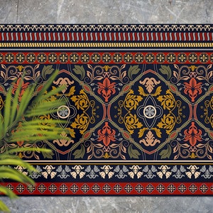 Floral Retro Ornamental Border Ribbon Rug Vinyl Mat, Red Floorcloth Vinyl Mat, Yellow Linoleum Floor, Antique Vinyl Area Carpet