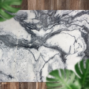 Marble Grey Dark Veins Stone Vinyl Mat, Gray Floorcloth Vinyl Mat, White Linoleum Floor, Marble Vinyl Area Carpet