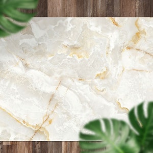 Marble Gold Veins Natural Stone Vinyl Mat, Gold Floorcloth Vinyl Mat, Beige Linoleum Floor, Marble Vinyl Area Carpet