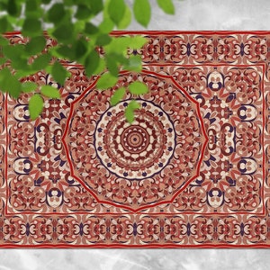 Alfombra para exteriores con diseño árabe retro con adornos en rojo intenso, alfombra roja para exteriores para patio, alfombra impermeable de vinilo naranja, alfombra de plástico con adornos