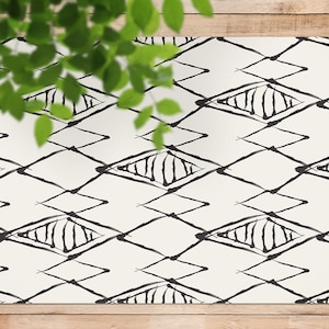 Abstract Geometric Rug Vinyl Rug, Beige Vinyl Runner, Black Floorcloth Vinyl Mat, Geometric Linoleum Floor