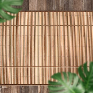 Imitation Of A Bamboo Mat With Decorative Elements Outdoor Rug, Beige Outdoor Mat For Patio, Vinyl Waterproof Carpet, Striped Area Rug