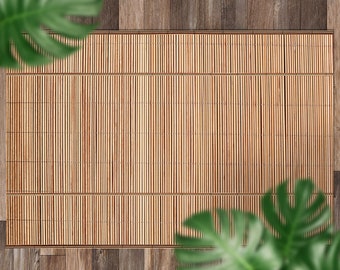Tapis d'extérieur imitation bambou avec éléments décoratifs, Tapis d'extérieur beige pour terrasse, Tapis imperméable en vinyle, Carpette à rayures