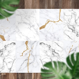 Mixed Marble Tiles Gray And Gold Imitation Vinyl Mat, Gray Floorcloth Vinyl Mat, White Linoleum Floor, Marble Vinyl Area Carpet