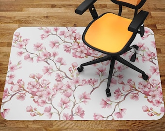 Cherryblossom Chair Mat, Pink Office Vinyl Floor Mat, White Floor Protector Mat, Floral Chair Carpet