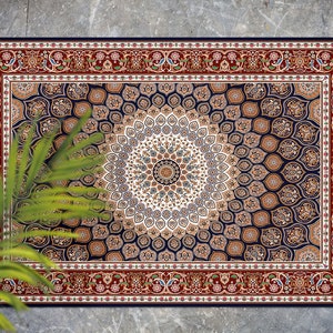 Central Of Tiny Flowers Vinyl Rug, Purple Vinyl Runner, Red Floorcloth Vinyl Mat, Antique Linoleum Floor