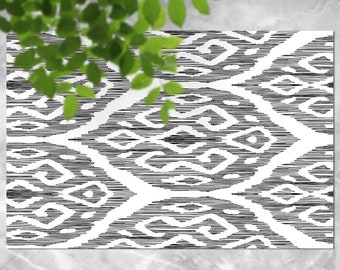 Tapis en vinyle minimaliste de style marocain oriental blanc noir, Tapis d'extérieur noir pour terrasse, Tapis imperméable en vinyle blanc, Tapis oriental