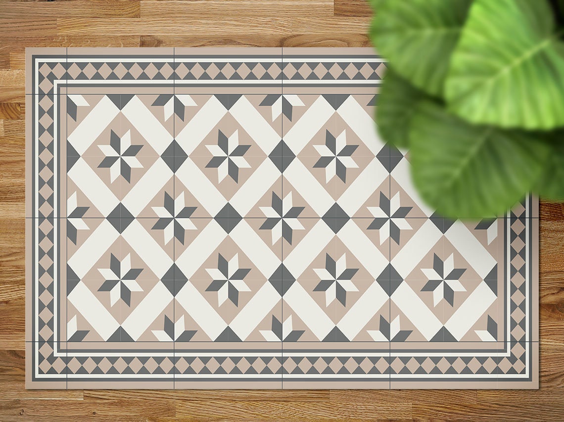 Gothic Caro Rug Beige Vinyl Mat, Beige Floorcloth Vinyl Mat, Bronze Linoleum Floor, Tile Vinyl Area Carpet