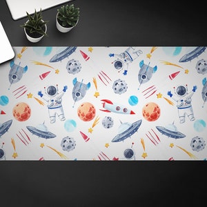 Everyone Wants To Be An Astronaut Desk Pad, Blue Keyboard Pad, Red Desktop Blotter, Cosmic Desk Protective Mat