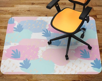 Abstract Stains And Bird Prints Chair Mat, Pink Office Vinyl Floor Mat, Blue Floor Protector Mat, Painted Chair Carpet