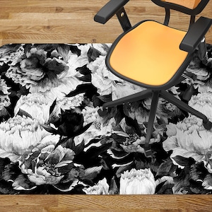 White Black Flowers Chair Mat, Black Office Vinyl Floor Mat, White Floor Protector Mat, Floral Chair Carpet