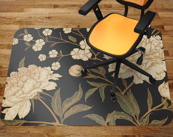 White Peony Chair Mat, Beige Office Vinyl Floor Mat, Green Floor Protector Mat, Floral Chair Carpet