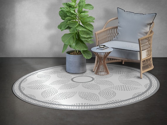 Glade Runder Teppich Vinyl, Weißer Vinylteppich, Graue runde Matte, Ornament runde Linoleummatte