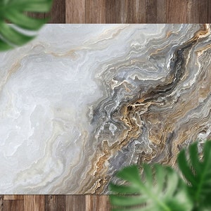 Curly Marble Like A Golden Abstract Vinyl Mat, Gray Floorcloth Vinyl Mat, Gold Linoleum Floor, Marble Vinyl Area Carpet