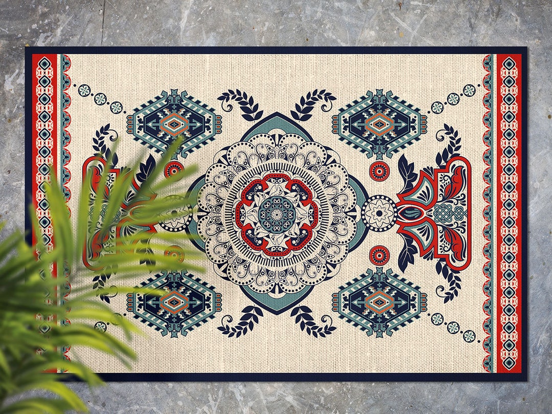 Indian Red Creamy Blue Rug Border Vinyl Mat, Blue Floorcloth Vinyl Mat