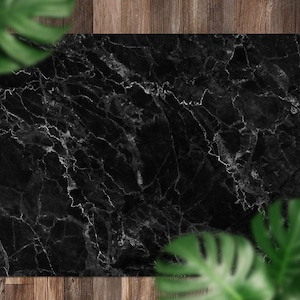 Black Marble Natural Vinyl Mat, Black Floorcloth Vinyl Mat, White Linoleum Floor, Marble Vinyl Area Carpet