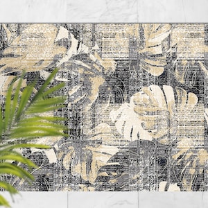 Tapete de vinil preto com plantas cinza bege riscado, tapete externo bege para pátio, tapete impermeável de vinil cinza, tapete de área abstrata de plástico
