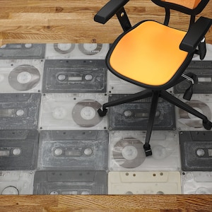 Cassettes Chair Mat, Black Office Vinyl Floor Mat, White Floor Protector Mat, Music Chair Carpet