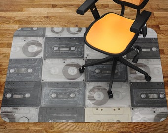 Cassettes Chair Mat, Black Office Vinyl Floor Mat, White Floor Protector Mat, Music Chair Carpet