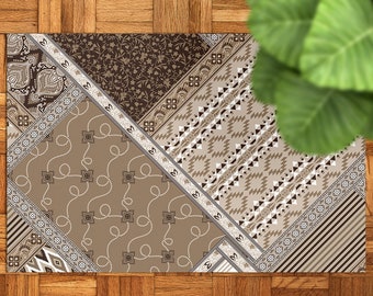 Tapis décoratif d'extérieur marron et beige, Tapis d'extérieur beige pour terrasse, Tapis imperméable en vinyle bronze, Carpette rétro en plastique