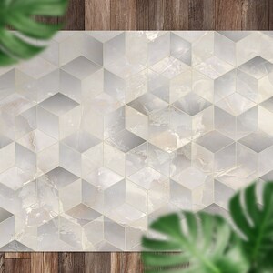 Bright Creamy Gray Tile Marble Diamond Vinyl Mat, Gray Floorcloth Vinyl Mat, Beige Linoleum Floor, Marble Vinyl Area Carpet