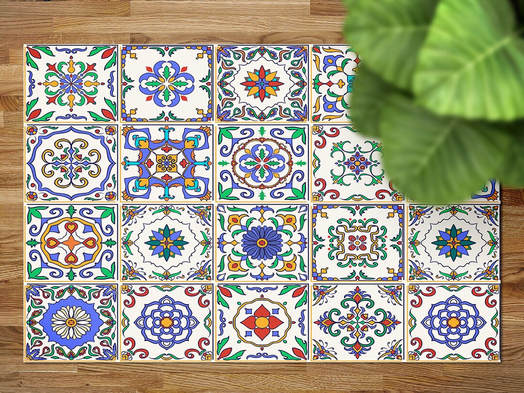 Flat Ornamental Colored Tiles Vinyl Rug, Blue Vinyl Runner, Beige ...