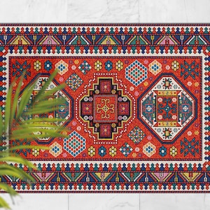 Tapete étnico tradicional multicolorido com moldura para áreas externas, tapete vermelho para áreas externas para pátio, tapete impermeável de vinil azul, tapete étnico de plástico