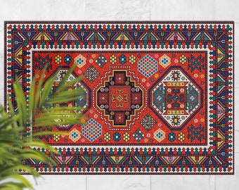 Tapis d'extérieur ethnique ethnique multicolore traditionnel avec cadre, Tapis d'extérieur rouge pour terrasse, Tapis imperméable en vinyle bleu, Carpette ethnique en plastique