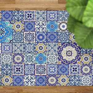 Blue Shaded Portugal Tiles Rug Vinyl Mat, Blue Floorcloth Vinyl Mat, Beige Linoleum Floor, Tile Vinyl Area Carpet