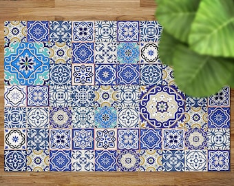 Blue Shaded Portugal Tiles Rug Vinyl Mat, Blue Floorcloth Vinyl Mat, Beige Linoleum Floor, Tile Vinyl Area Carpet