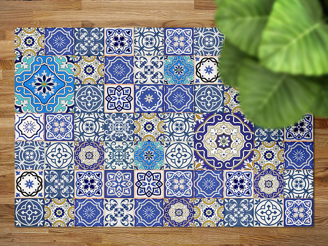 Portugal Rug Blue Shaded Portugal Tiles Rug Vinyl Mat, Blue Floorcloth Vinyl Mat ...