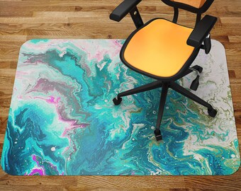 Abstract Turquoise Paint Spilled Chair Mat, Blue Office Vinyl Floor Mat, Pink Floor Protector Mat, Marble Chair Carpet
