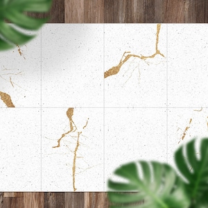 Mixed Marble Tiles White And Gold Imitation Vinyl Mat, White Floorcloth Vinyl Mat, Gold Linoleum Floor, Marble Vinyl Area Carpet
