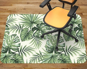 Monstera Leaves Chair Mat Carpet, Green Glass Chair Mat, Beige Office Vinyl Floor Mat, Tropical Floor Protector Mat