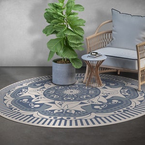 Roundy Rajesh Round Carpet Vinyl, Blue Vinyl Rug, Creme Round Mat, Ornament Round Linoleum Area Mat