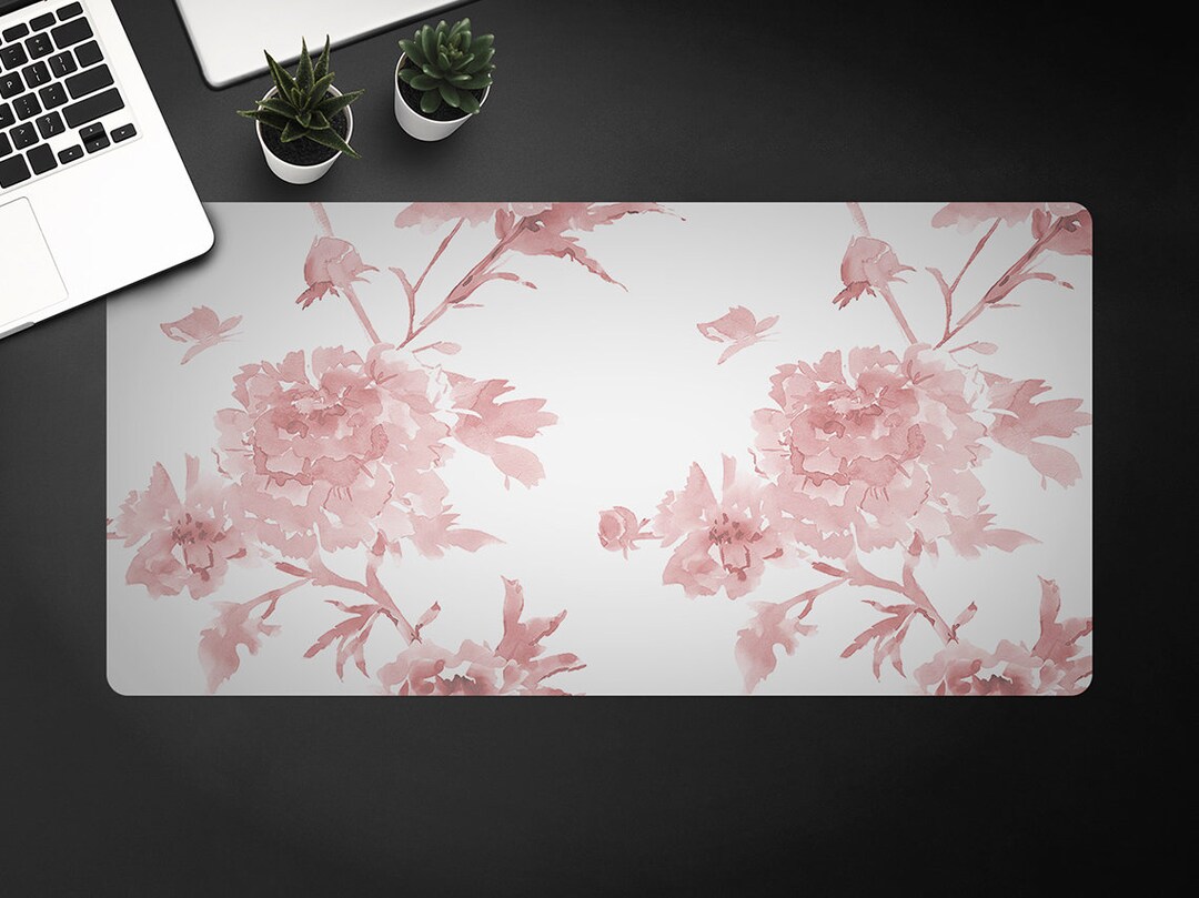 Powder Pastel Floral Desk Mat, Pink Table Protector Accessories, White