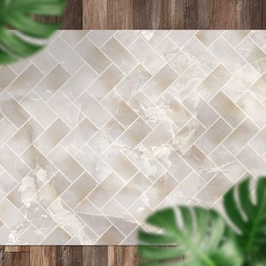 Beige Creaymy Marble Panels Vinyl Mat, Gray Floorcloth Vinyl Mat, Beige Linoleum Floor, Marble Vinyl Area Carpet