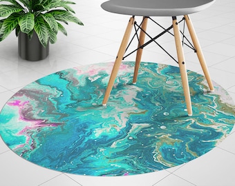 Abstract Turquoise Paint Spilled Round Vinyl Mat, Blue Mat Under Chair, Pink Round Chair Protector, Marble Vinyl Chair Carpet