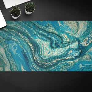 Shades Blue Marble Desk Mat, Blue Table Protector Accessories, Blue Keyboard Pad, Stone Desktop Blotter