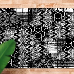 Contrast Patchwork Style Carpet Vinyl Rug, Black Vinyl Runner, White Floorcloth Vinyl Mat, Abstract Linoleum Floor