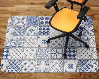 Azulejos Pattern Chair Mat Carpet, White Glass Chair Mat, Blue Office Vinyl Floor Mat, Tiles Floor Protector Mat