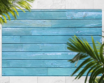 Tapis en vinyle lambrissé peint bleu clair, Tapis d'extérieur bleu pour terrasse, Moquette imperméable en vinyle blanc, Carpette en bois, plastique
