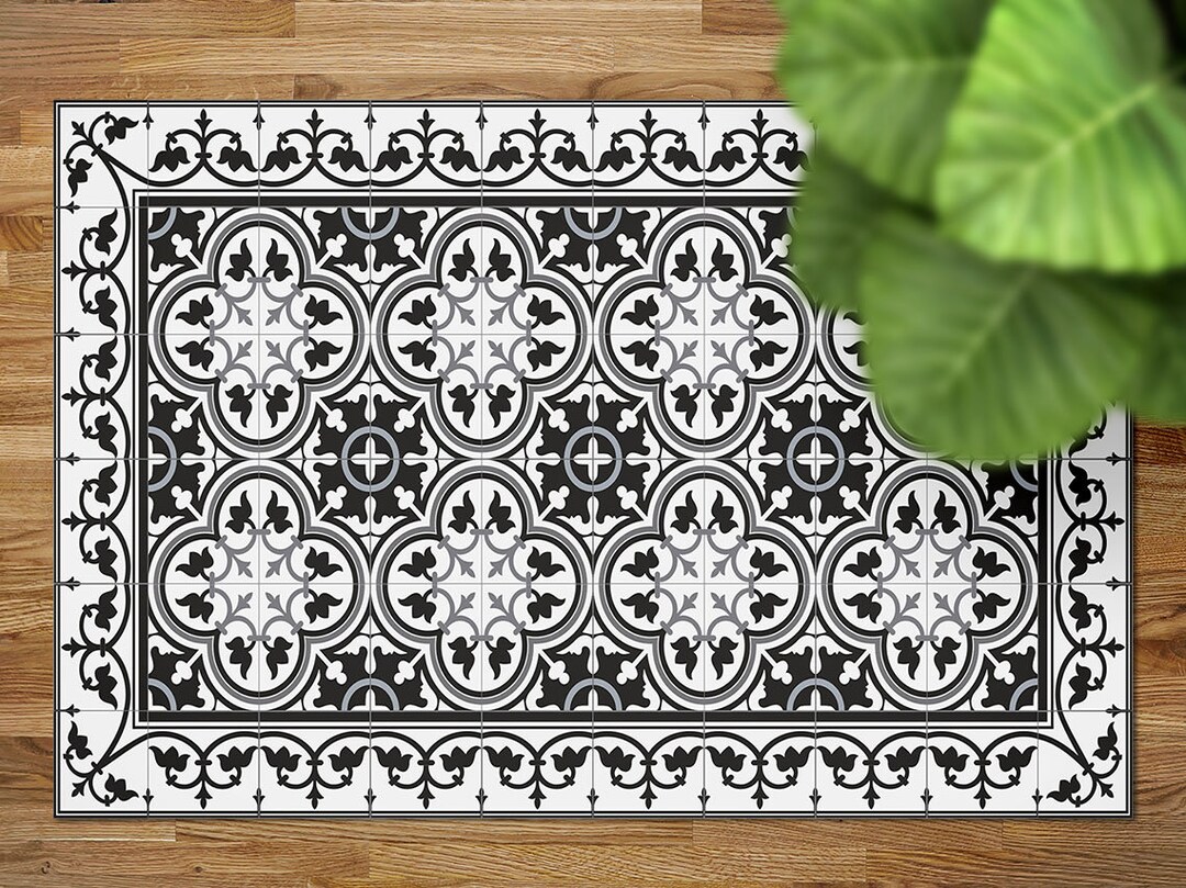 Portugal Rug Portugal Dark Rug Vinyl Mat, Black Floorcloth Vinyl Mat, White Linoleum ...