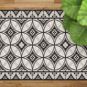 Ornamental Flowers In The Dark Gray Vinyl Rug, Black Vinyl Runner, Beige Floorcloth Vinyl Mat, Tile Linoleum Floor