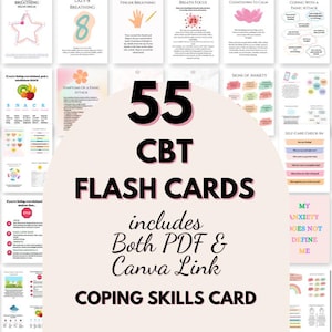 May include: A collection of 55 CBT flash cards with coping skills, including PDF and Canva link. The cards feature colorful illustrations and text on topics like breathing, anxiety, and self-care. The text "My Anxiety Does Not Define Me" is also visible.