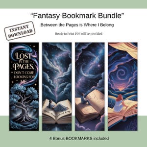 Marcapáginas imprimibles de fantasía: 8 diseños digitales (4 principales + 4 adicionales) / Tamaños A4 y carta / Frases de lectura para amantes de la lectura / Descarga instantánea