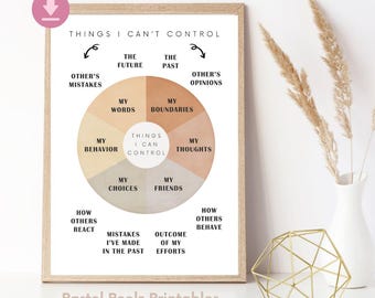 May include: A framed print with a neutral color palette, featuring a circular diagram titled "Things I Can't Control" and "Things I Can Control." The diagram lists various aspects of life, such as "My Thoughts" and "The Future." The text "Pastel Peelz Printables" is at the bottom.