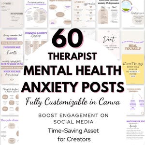 Peut inclure: Image présentant 60 publications sur la santé mentale et l'anxiété, conçues pour les thérapeutes. L'image comprend des graphiques avec du texte tel que « Symptômes », « Faits » et « Symptômes courants de l'anxiété ». Entièrement personnalisable dans Canva.
