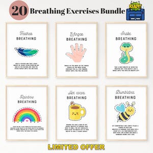 May include: A set of six framed prints with breathing exercises, including Feather, 5-Finger, Snake, Rainbow, Hot Cocoa, and Bumblebee. Each print features a colorful illustration and instructions. The top banner reads "20 Breathing Exercises Bundle."